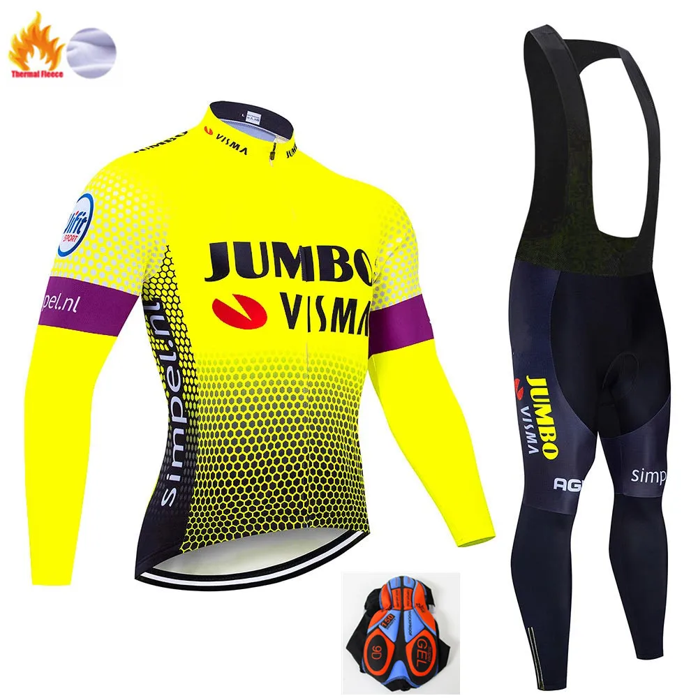 Fleece set Профессиональная команда Jumbo Visma зимний флисовый с длинными рукавами Джерси костюм теплый мужской велосипед ткань горный велосипед одежда велосипед - Цвет: Fleece set