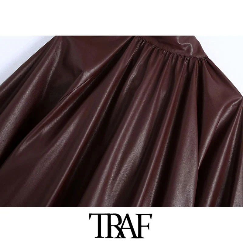 

TRAF Women Fashion With Bow Faux Leather Blouses Vintage High Neck Long Sleeve Female Shirts Blusas Chic Tops