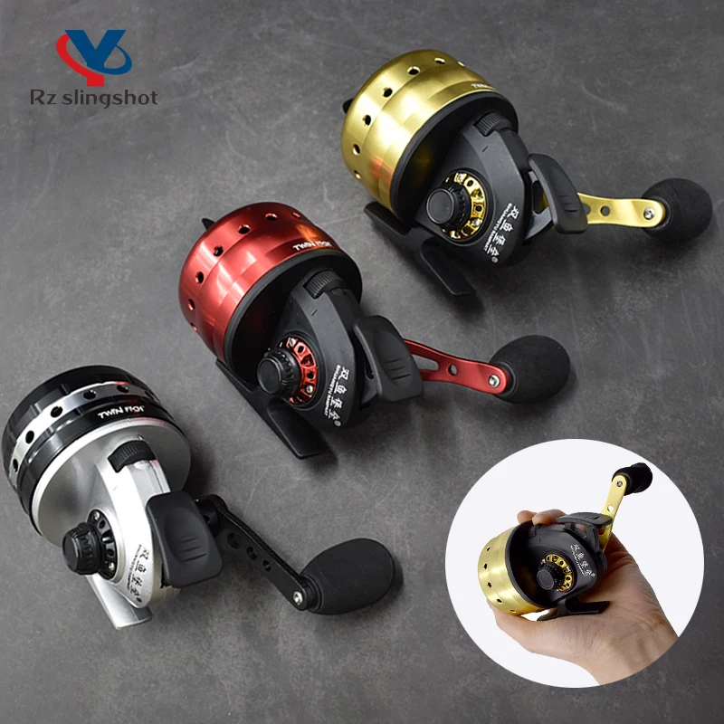 

Metal Fishing Reels Line Capacity 55m High Speed Ratio 3.6:1 Handle Interchangeable for Slingshot Outdoor Hunting Shooting Fish