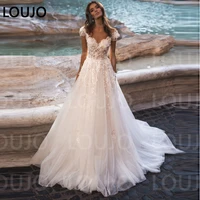 luojo beach boho wedding dresses cap sleeves v neck open back lace appliques bridal wedding gown plus size tulle vestido de noiv