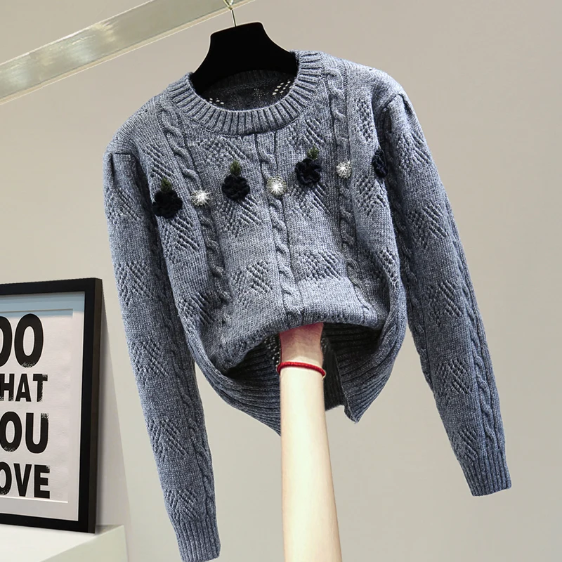

Three-Dimensional Flower High Waist Long Sleeve Short Sweater for Women Top 2021 Autumn Winter Sweaters Female Fashion Knitwear