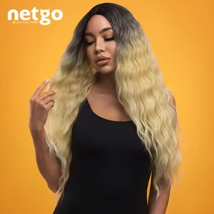 Netgo Synthetic Lace Front Wig Long Water Wave Ombre Blonde Wigs Heat Resistant Pink Brown Hair For Women Daily Cosplay Party