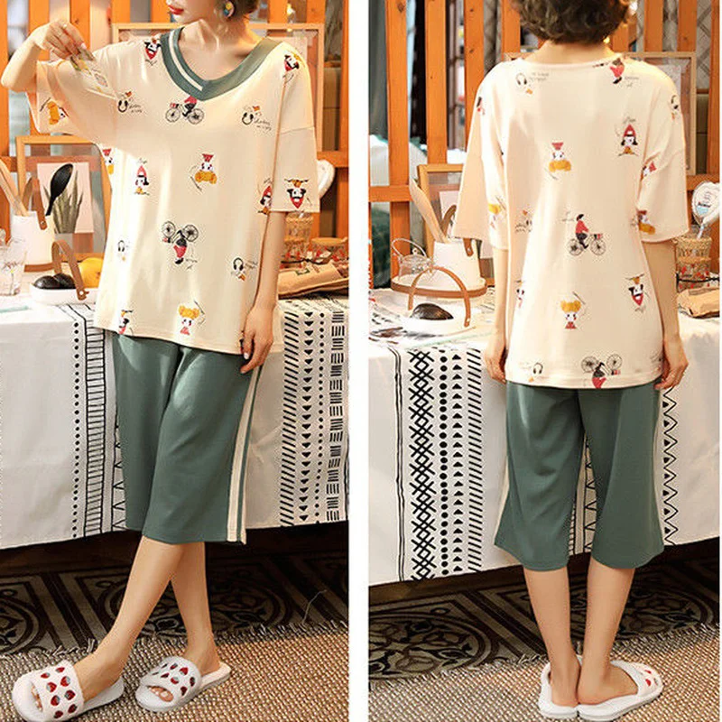 

Pajama Sets Women Short Sleeve Sleepwear Cartoon Printed Ruffles Plus Size 4XL 5XL Loose Simple Soft Kawaii Casual Elegant Retro