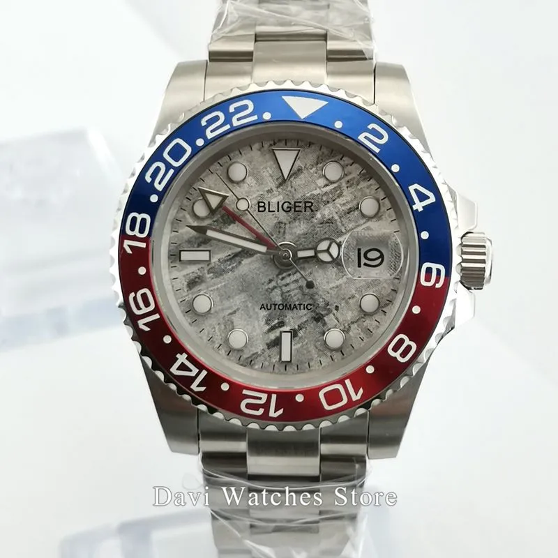 40 мм Bliger/стерильные Роскошные мужские часы красный GMT автоматические черные из