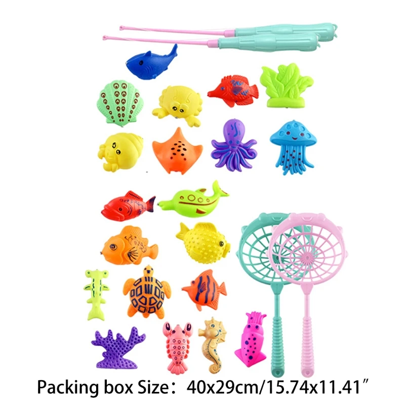 

T8ND Magnetic Fishing Toy Bath Toy Outdoor Water Play Set w/ 2 Fishing Rod 20 Fish Early Learning Recognition Toy Baby Gift