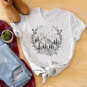 Aesthetic Floral Mountains Nature T-shirt Stylish Women Camping Outdoor Tshirt Summer Short Sleeve G in Pakistan