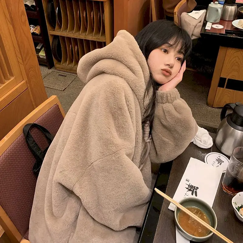 

Lamb Velvet Jacket Women Padded Coats Autumn Winter Plus Velvet Korean Hooded Quilted Coat Warm Casual Oversized Female Clothing