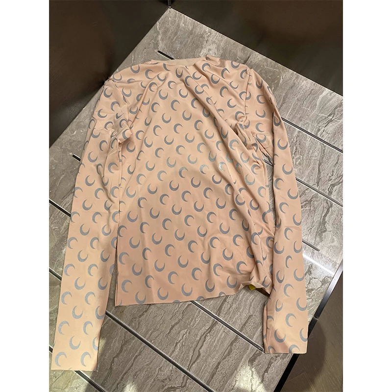 

Moon Print Long Sleeve Tshirt New Nude Allover Moon Printed Reflective Fluorescent Elastic Tight Bottoming Blouse for Women M2