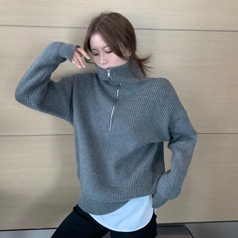 

2022 Women Zipper Turtleneck Sweater Pullovers Autumn Winter Female Warm Casual Basic Knitted Sweaters