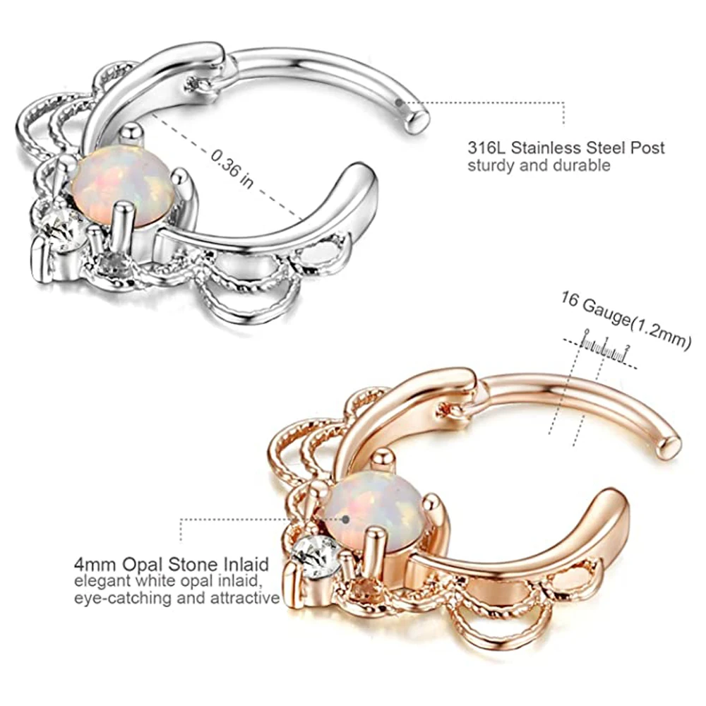 16G Stainless Steel Nose Ring Septum Hoop Opal Body Piercing Clicker | Украшения и аксессуары