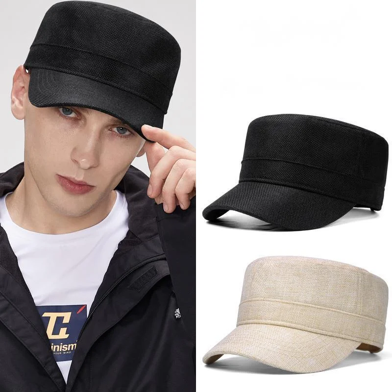 

2021 Summer Thin Breathable Cool Linen Army Flat Top Hat Dad Sun Cap Men Women Big Size Military Baeball Caps 56-60cm 61-66cm