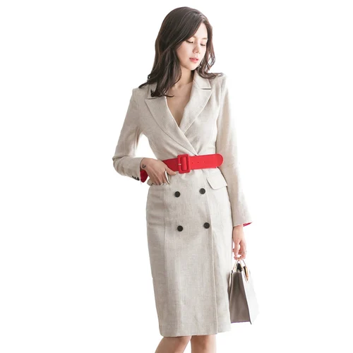 

Autumn Office Ladies Dress Women Notched Collar Double-breasted Sashes Belt Female Pencil Dress Solid Mini Dresses St148