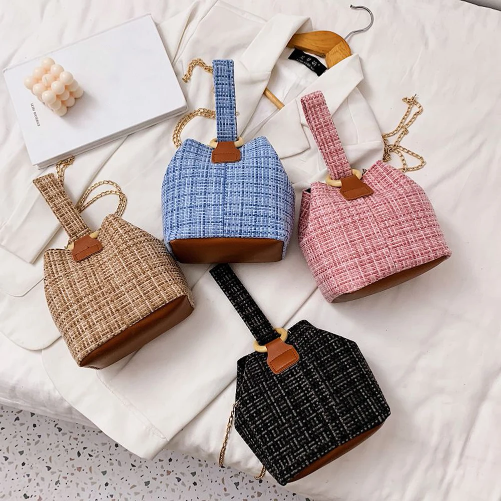 

Vintage Plaid Pattern Woven Women's Handbags Portable Solid Color Shoulder Crossbody Bag Female Thin Gold Chain Messenger Purse