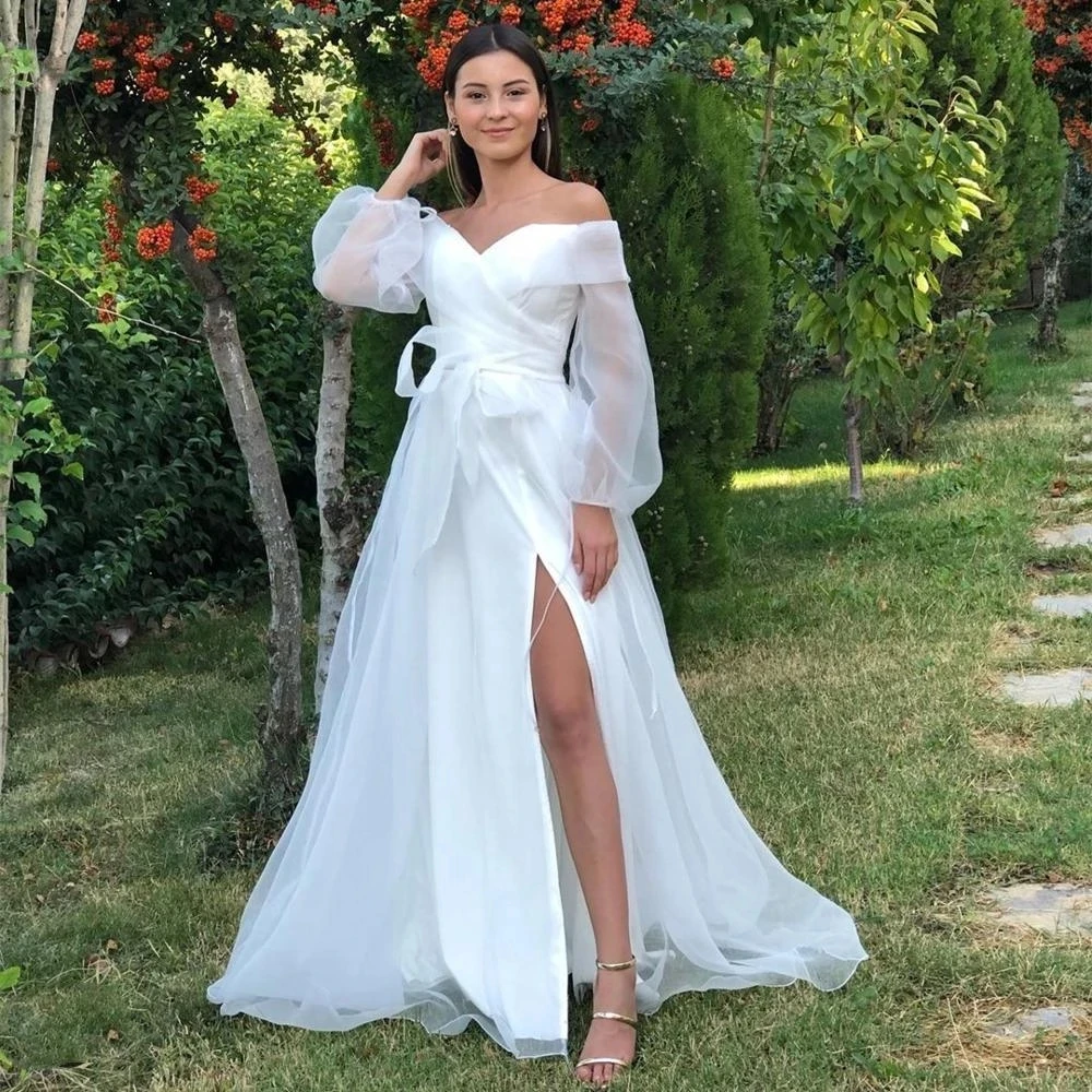 

2021 New Designs Casual Style Wedding Dresses Long Puffy Sleeves Off the Shoulder Ribbon Sash Sexy Front Split Bridal Gowns
