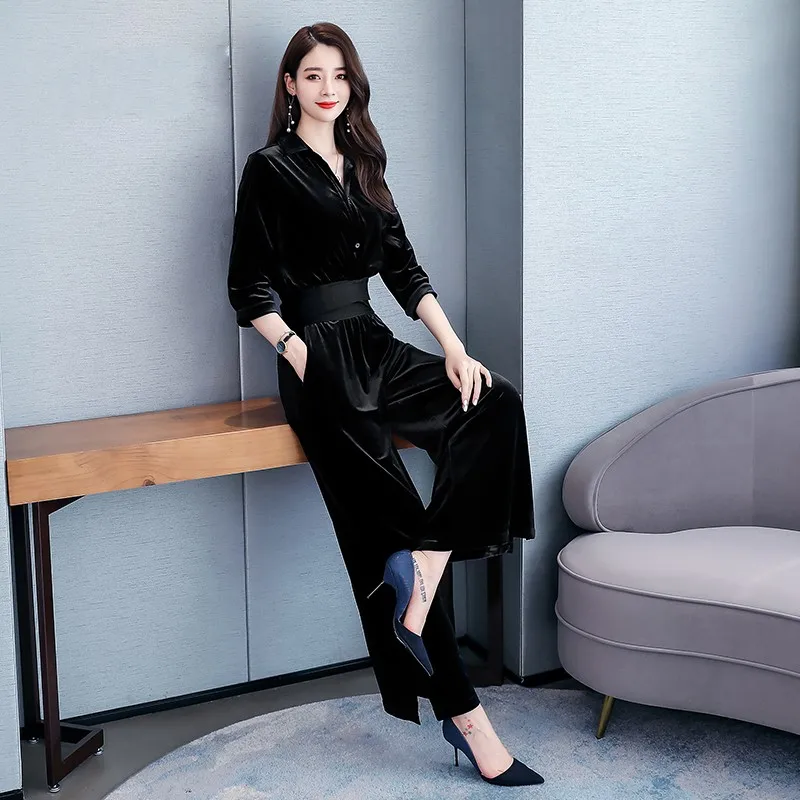 

Office Lady Gold Velvet Elastic High Waist Wide Leg Pants Suit Seven Quarter Sleeve Lapel Women Two Piece Sets Spring Autumn