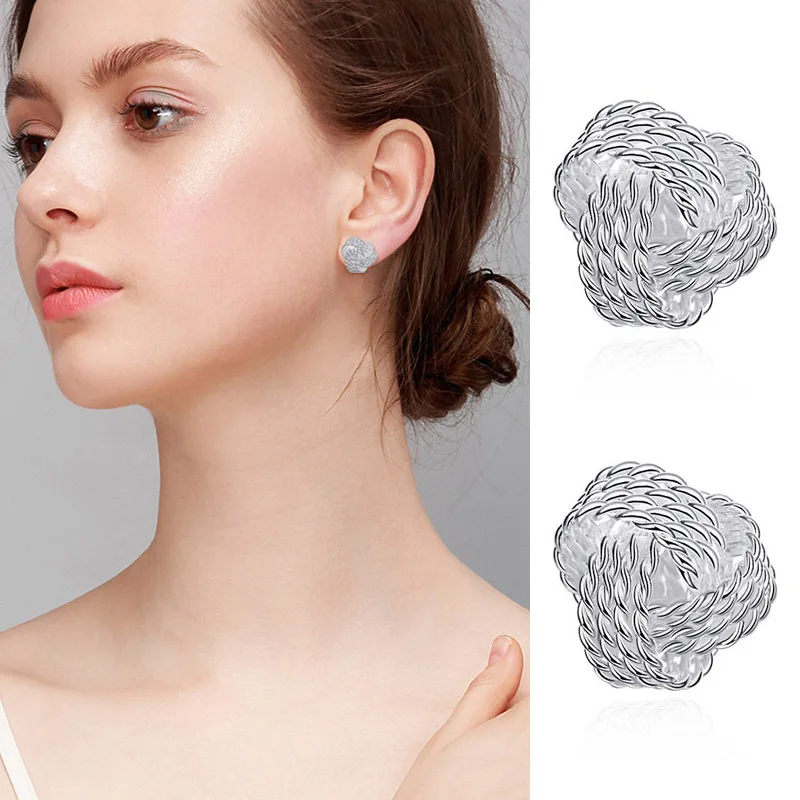 

1 Pair Earrings New Fashion Jewelry 925 Sterling Silver Weave Tennis Ear Studs Earrings Clip For Women Gift Geometrical Korean