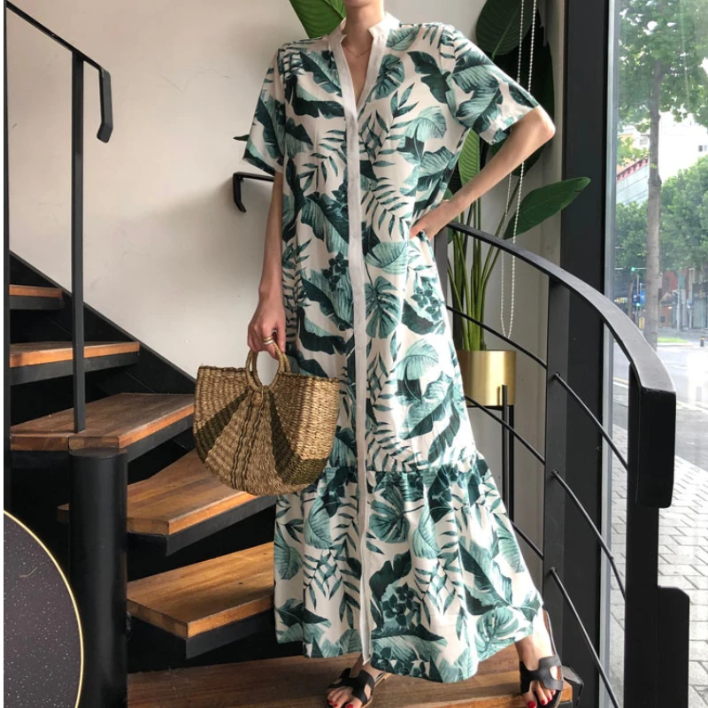 

Women Summer Single Breasted Shirt Dresses Short Sleeve Floral Print Dress Elegant Patchwork Female Midi Casual Loose Vestidos
