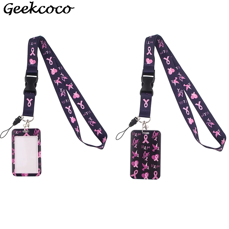 

20pcs/lot J1987 Prevent breast cancer Card Holders Case Phone Key Badge Camera USB Holders Neck Rope Lanyard with Keyring