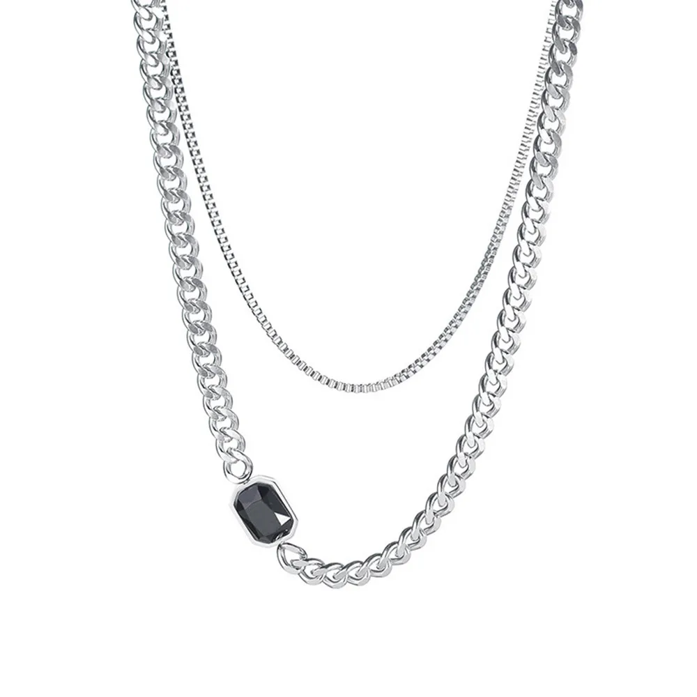 

316L Stainless Steel Double Layer Black Gem Cuban Necklace Wild Clavicle Simple Sweater Chain No Fade