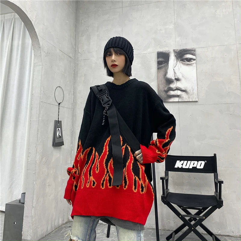 2020 New Arrival Women Sweaters Korean Chic Long Sleeve Fire Pattern Sueter Mujer Harajuku Streetwear Oversize Female Pullovers | Женская