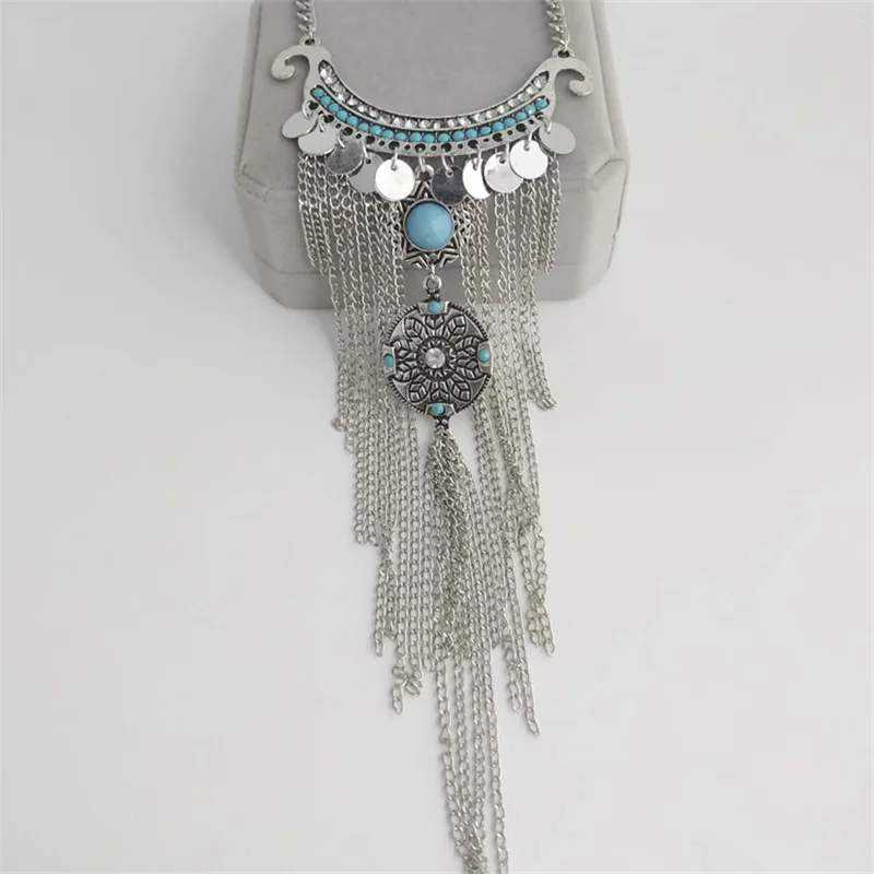 

New Fashion Retro Long Pendant Necklace Female Accessories Turquoise Multilayer Tassel Necklace Jewelry Party Gift