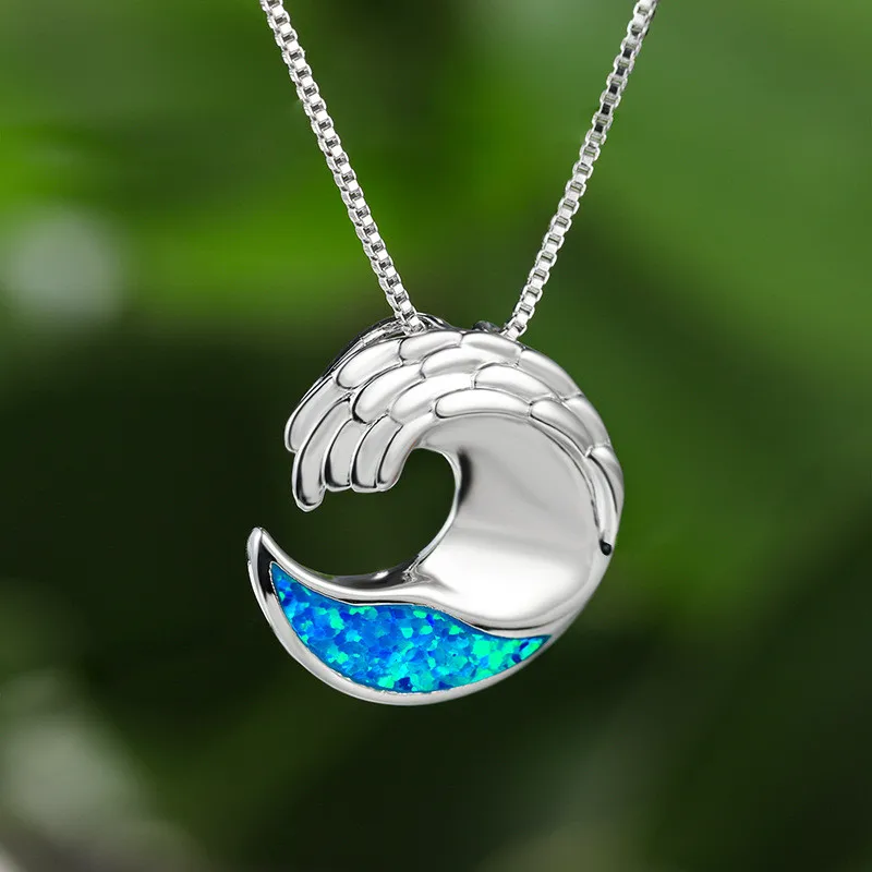 Модное ожерелье с кулоном в виде морской волны геометрическое из голубого опала