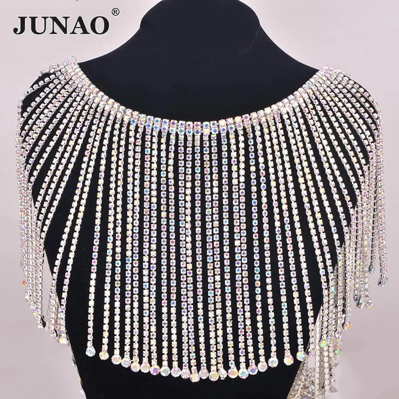 138mm Silver AB JUNAO 45cm Sewing Crystal AB Rhinestones Fringe Chain Glass Stones Tassel Metal Trim Crystal Applique Strass Tape for Dress DIY - Цвет: 138mm Silver AB