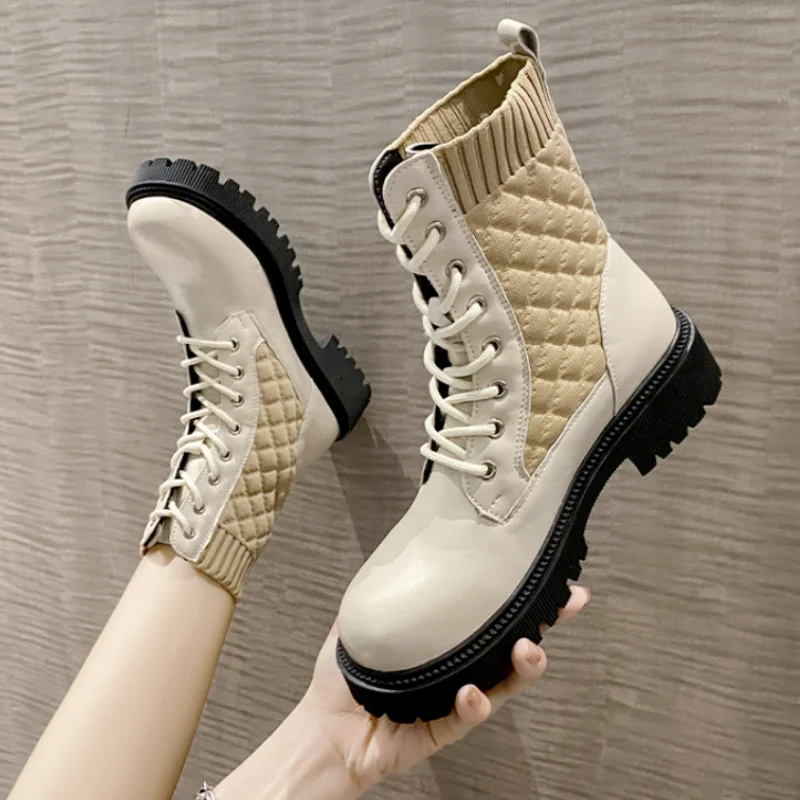 

2022 Ladies Martin Boots Autumn and Winter New Thick-soled Luxury Women's Boots Round Toe Lace-up Motorcycle Boots Flat Boots