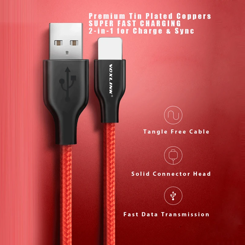 VOXLINK USB Cable 5Pack Nylon Braided for iphone X XS XR Fast Charging Sync Data 2.4A  For iphone xs max 8 8Plus 7 6s ipad mini