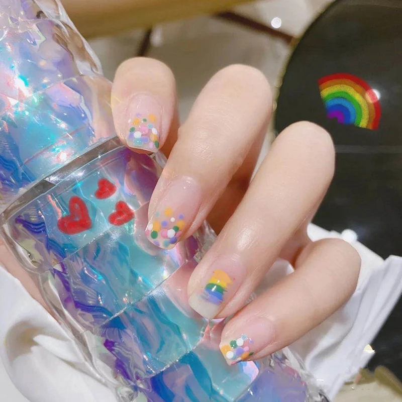 

24Pcs Rainbow French Style Nails Acrylic Faux Square Full Cover False Nails With Nail Glue