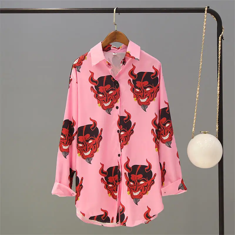 pink shirt Neploe, Японские Женские блузки, с принтом дьявола, с длинным рукавом, розовая блузка, Harajuku, блузки для женщин, топы, женские длинные рубашки 36960 - Цвет: pink shirt