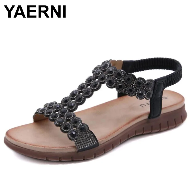 

YAERNI обувь в богемном стиле; Сезон лето; Милая Женские сандалии высокое качество стразы на каждый день большие размеры 36-41 пляжные шлепанцы н...