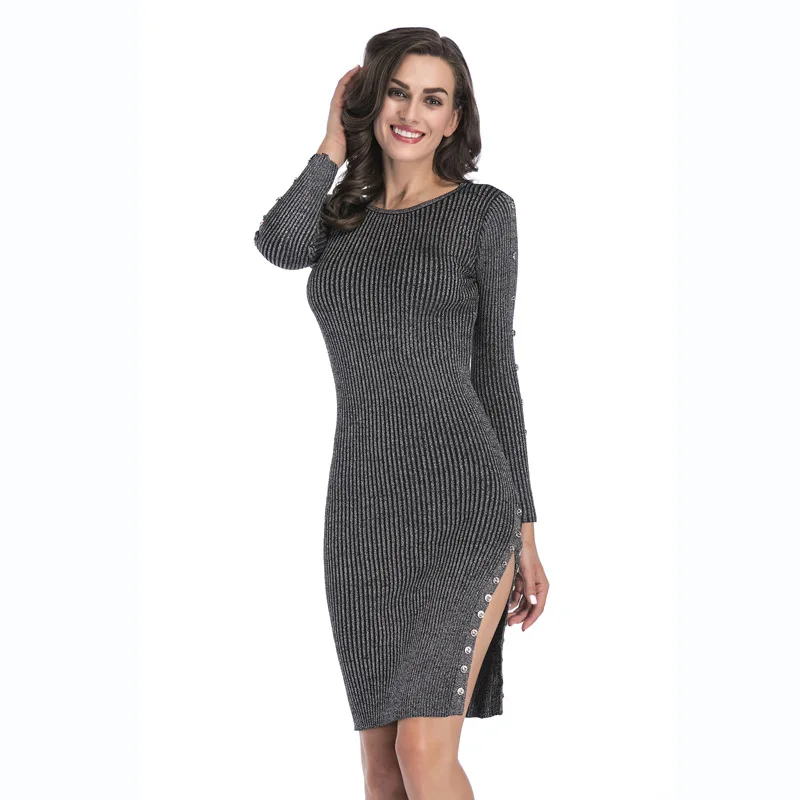 

Amazon cross border autumn and winter women's wear hem split button long sleeve knitted dress medium length buttock woolen skirt
