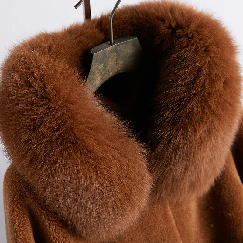 

Coat Caramel Shearing Women Sheep Long Fox Hair Hooded Collar Wool Jackets Faux Leather Lining Real Fur Warm Winter Outwear