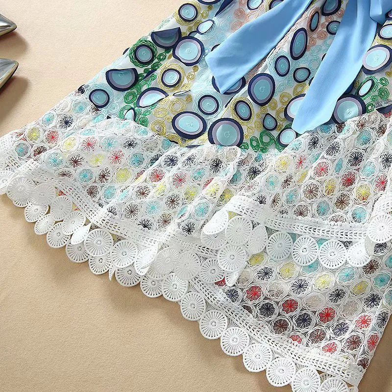 

New Top Quality 2021 Spring Summer Dress Women V-Neck Allover Exquisite Embroidery Flare Sleeve Slim Fitted A-Line Dress Mesh