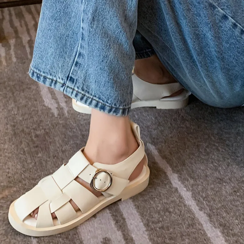 

QZYERAI Summer Rome Genuine Leather Women Sandals Restoring Ancient Ways Baotou Shoes Leisure Beach Sandals