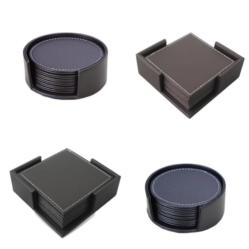 

6pcs/set Square Round Leather Cup Pads with Holder Brown Black Table Mats Barware Placemat for Beer Drink Coaster