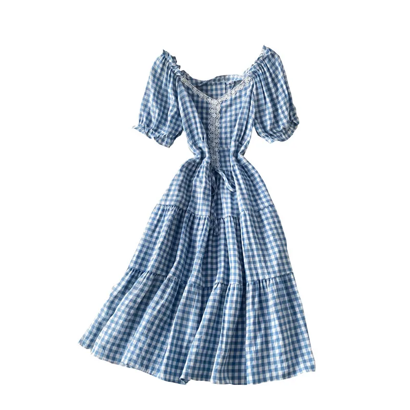 

restoring ancient ways the new summer 2021 han edition of chic grid falbala splicing hubble-bubble sleeve dress female