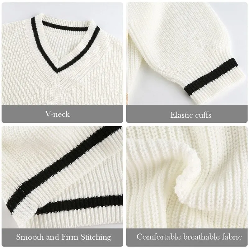

Striped V Neck Long Sleeve Knitted Sweater Women Korean Fashion Preppy Y2K Knit Jumpers Casual 90s Knitwear Autumn