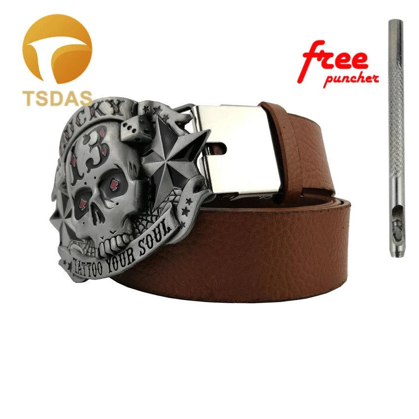 Мужской ремень с серебряным черепом Lucky 13 металлическая пряжка в стиле панк рок