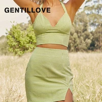 elegant high waist split mini skirt casual plaid cropped tops women 2 pieces sets summer halter neck tanks and skirt suits