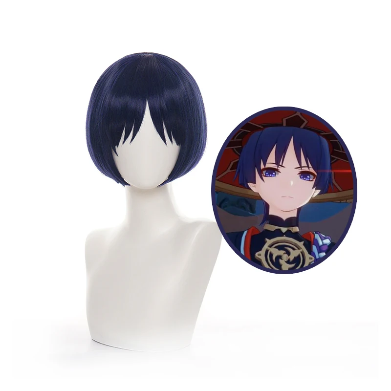 

Классический Косплей кломуша из игры «Genshin Impact Fatui», темно-синие короткие волосы, жаропрочные искусственные волосы