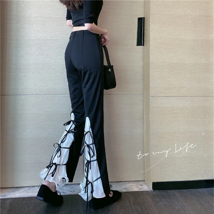 

flare pants high waist pants loose pockets patchwork bow button fly casual style spring fall new Women's Clothing Capris black