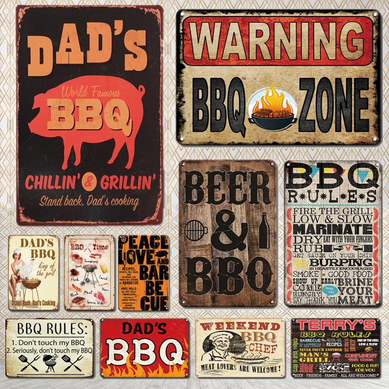 

Vintage BBQ Zone Metal Poster Tin Sign Retro Yard & Garden Decoration Plaques Barbecue Rules Kitchen Plate Decor Accessories