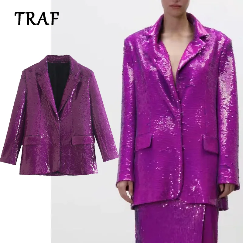 

TRAF Za Woman Blazer 2021 Autumn Women Fashion Loose Blazer With Sequins Temperament Suit Women Chic Office Outerwear Suit Coats