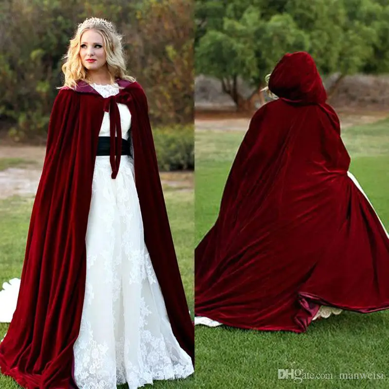 

Red Long Velvet Christmas Hooded Cloak Bridal Cloaks Capes Winter Halloween Floor Length Jacket Wedding Bridesmaid Wraps