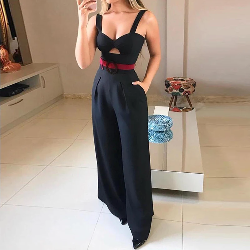 

Women Fashion Elegant Solid Suspender Crop Top & Wide Leg Long Pant One Piece Jumpsuit Rompers Womens Jumpsuit