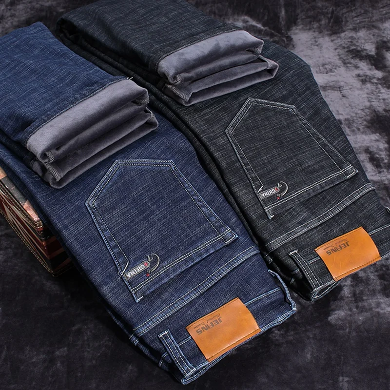 

New Winter Warm Fleece Mens Jeans Thick Stretch Denim Jean Straight Male Brand Cotton Pants Men Plus Size 40 42 44 46 Elasticity