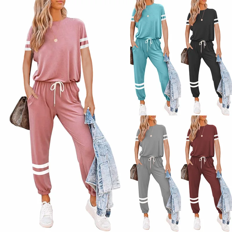 

Tracksuits Womens Short-sleeved Striped Top+ Female pants Two-piece Woman Set Femme Suit Summer Women's Clothing 2021 Outsuits