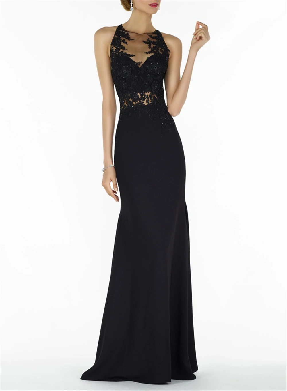 

Lace And Chiffon Illusion Dress Prom Dresses Backless Criss-Cross Beading Dropped Full-Length Evening Dresses 2020